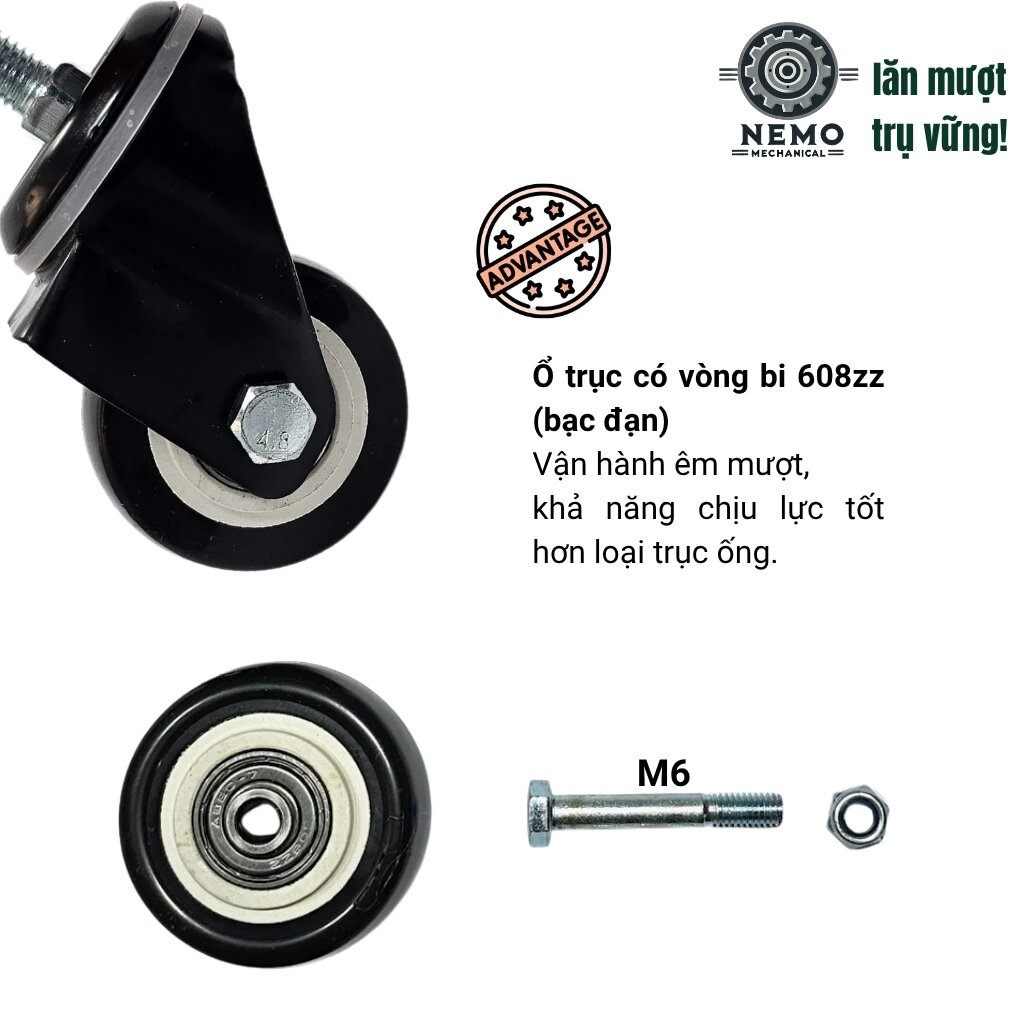 Bánh xe đẩy hàng đen trắng, loại cọc vít, có bạc đạn, đường kính bánh 4cm và 5cm, 40-50kg/1bánh